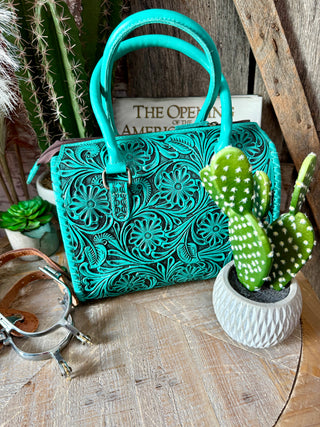 Medium Turquoise Tooled Leather Speedy Duffle Bag-Medium