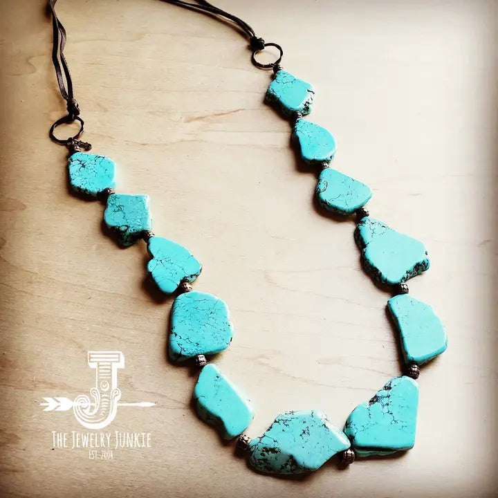 Blue Turquoise Slab Necklace with Leather Ties