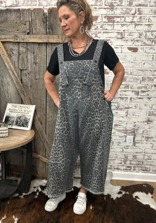 Easel Leopard Print Twill Overalls-Gray