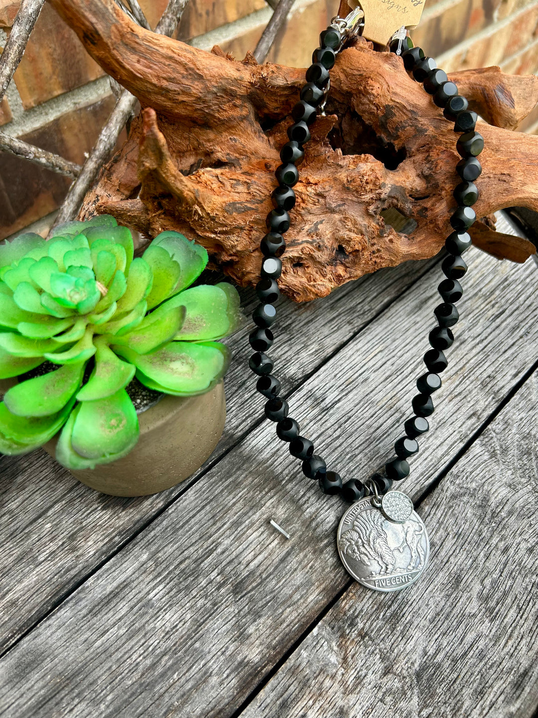 Chunky Black Beaded Buffalo Nickel Necklace