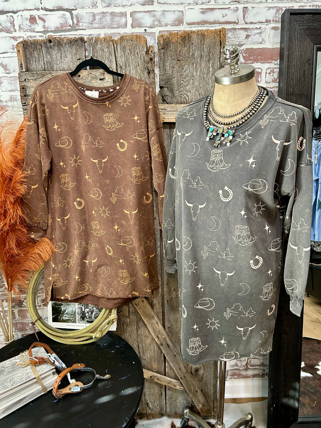 Mineral Wash French Terry Western Print Dress-2 Colors