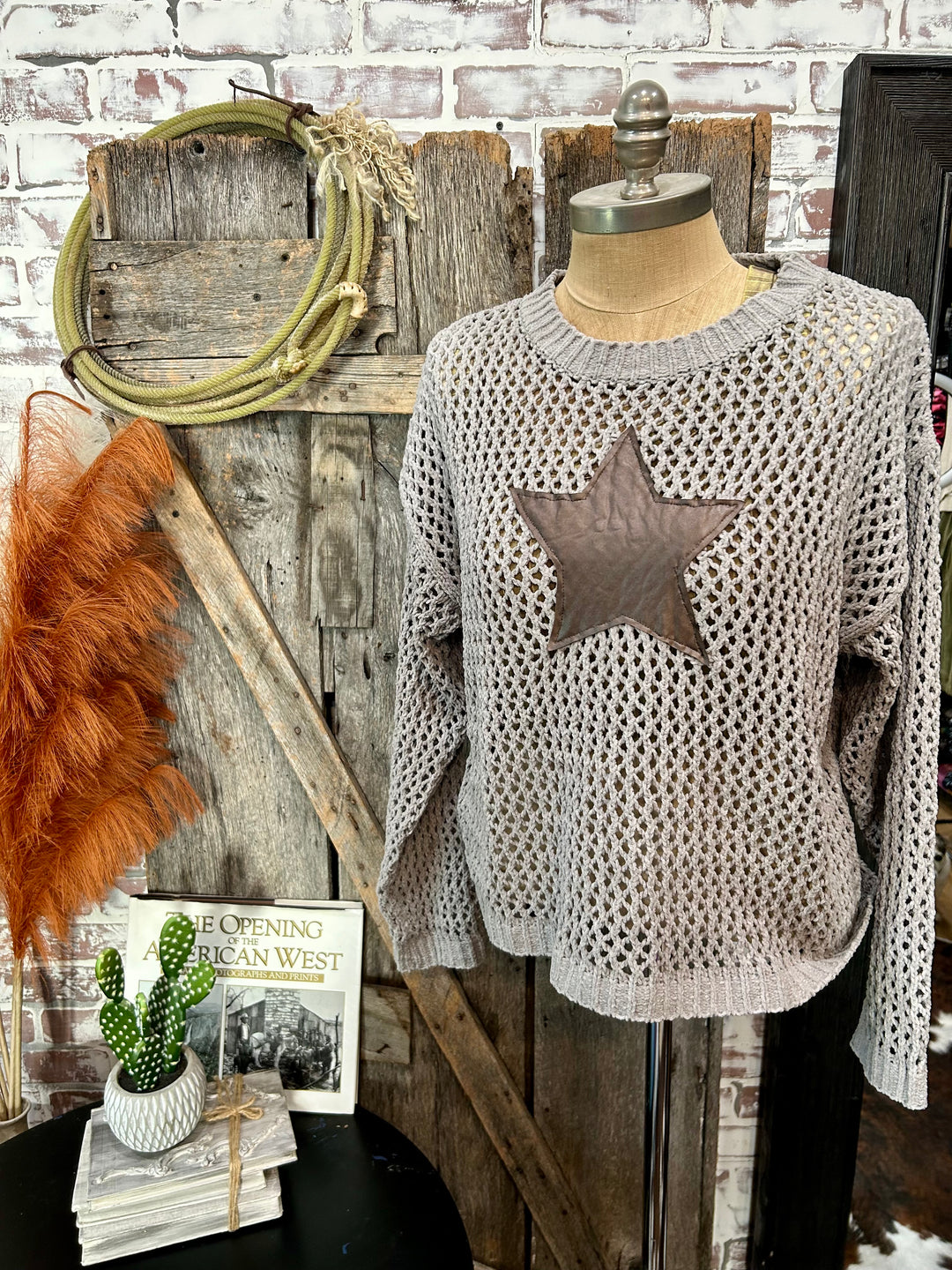 Star Patch Crochet Sweater-Taupe