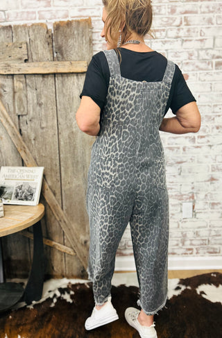 Easel Leopard Print Twill Overalls-Gray
