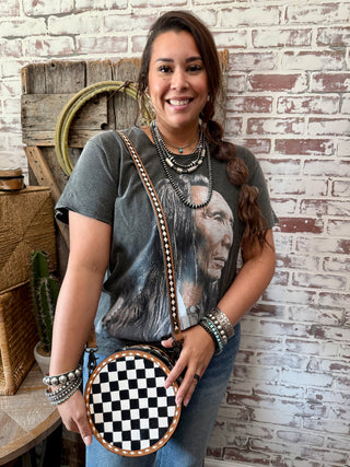 Western Round Crossbody Canteen Bag – Black & White Checkered Leather with Tooled Trim
