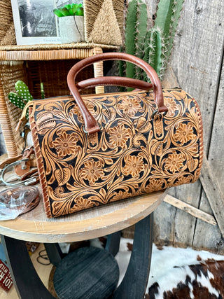 Large Hand Tooled Black/Cognac Speedy Duffle Bag Style Purse