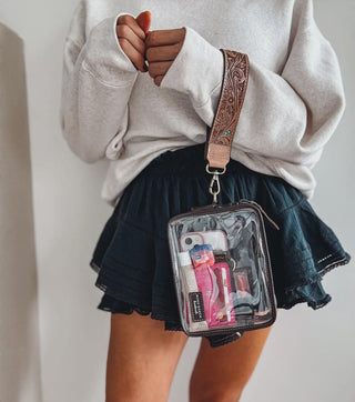 Clear Stadium Crossbody Wristlet with Tooled Leather Strap – Western Concert & Game Day Purse