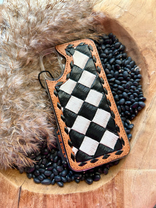Western 16+Plus iPhone Black & White Checkered Leather Phone Cover -Western Checkered -Handcrafted Cowgirl Phone Case