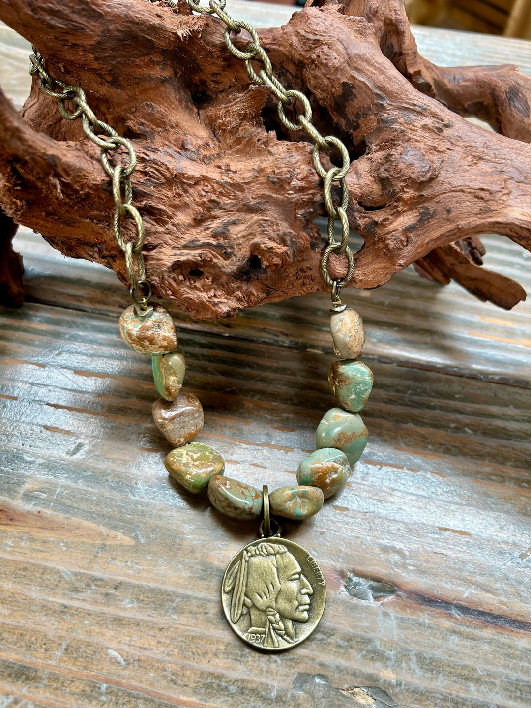 Running Bear Green Chunky Turquoise Buffalo Coin Necklace