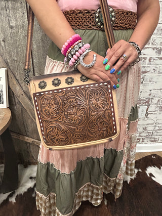 Tooled Leather Concho Concealed Carry Crossbody Bag