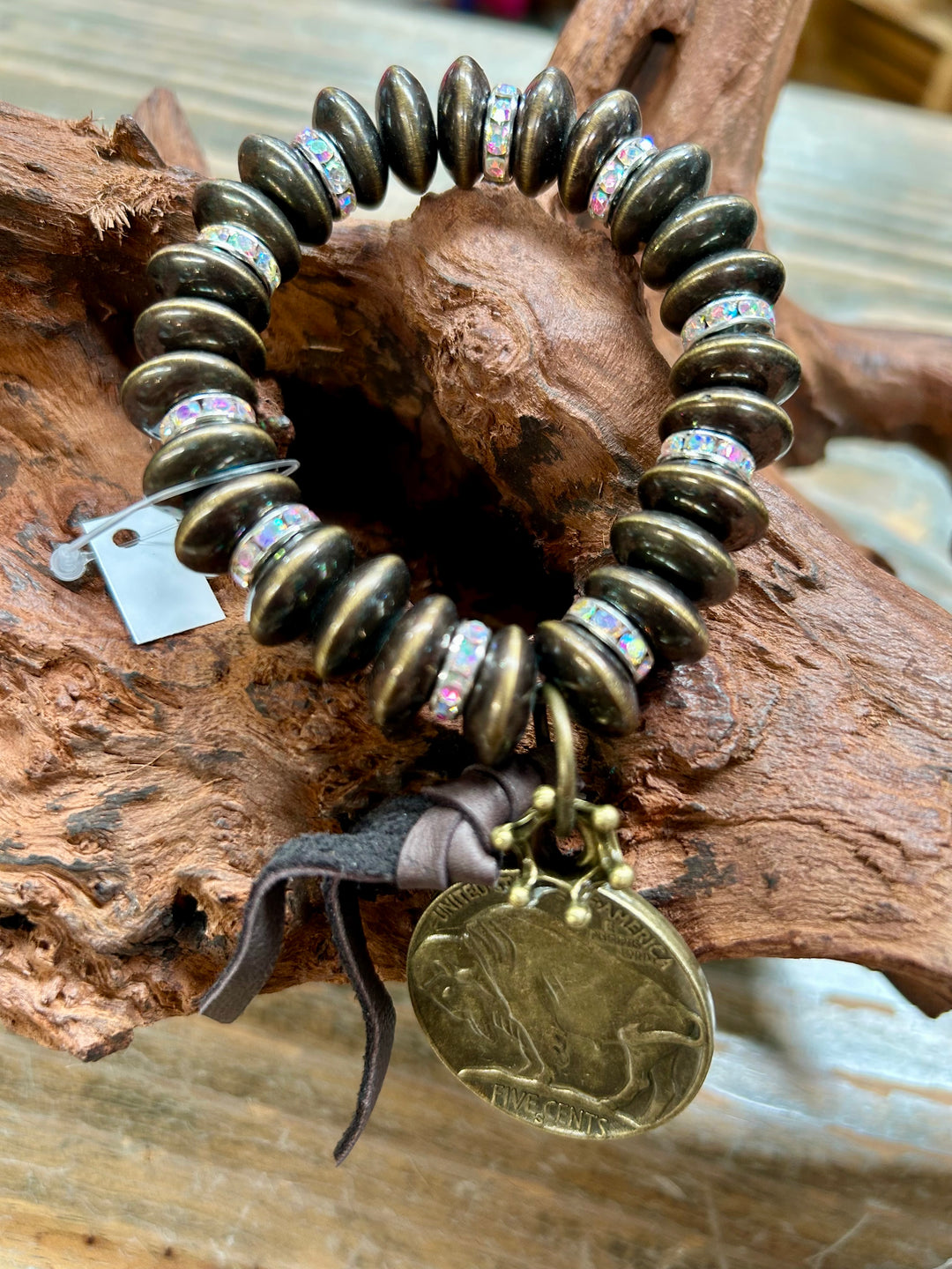 Tibetan Beaded Bronze Buffalo Nickel Stretch Bracelet