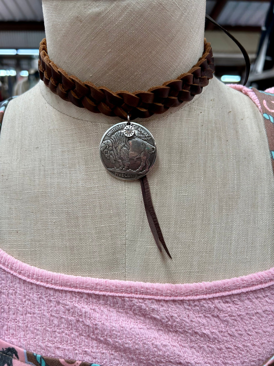Braided Leather Buffalo Coin Choker
