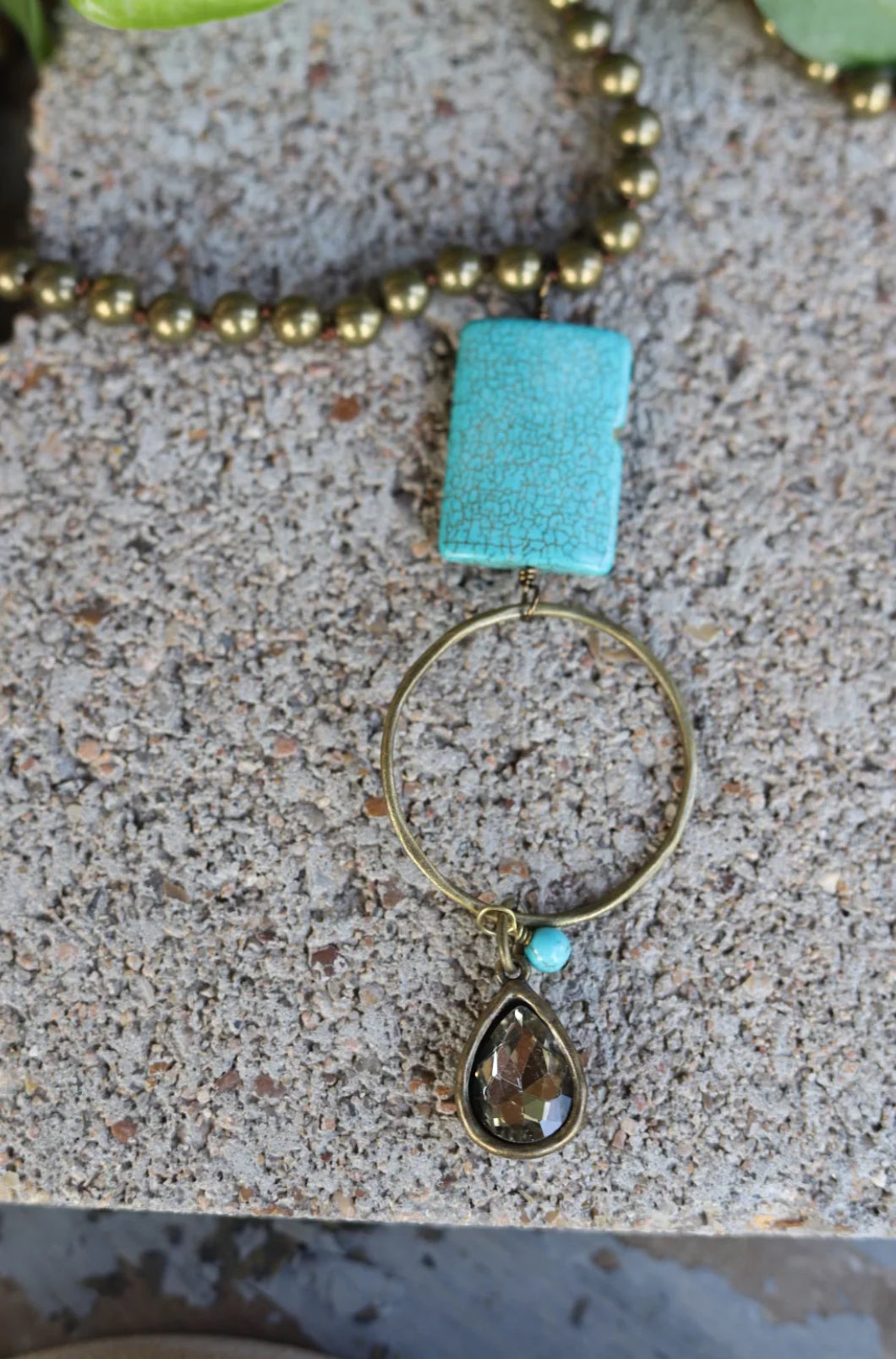28” Long Antique Gold Bead Necklace With Turquoise Dangle Bead/Tassel