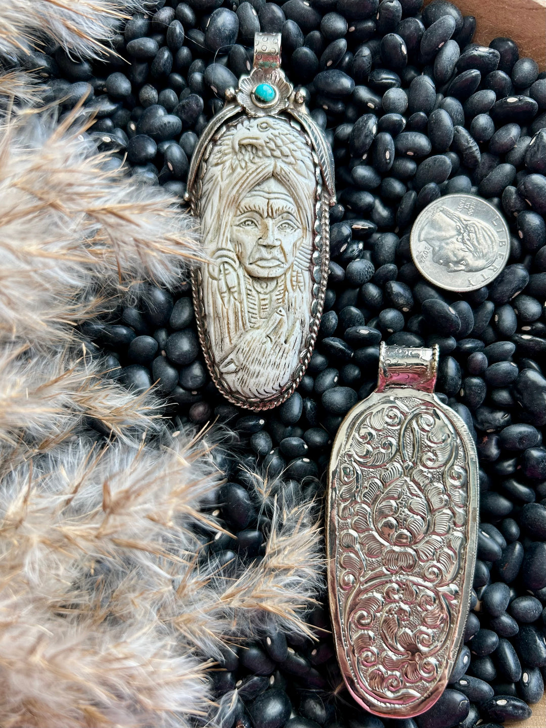 Carved Native American Pendant With Turquoise-German Silver