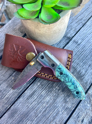 Azureglide Damascus Steel Turquoise (Resin) Pocket Knife