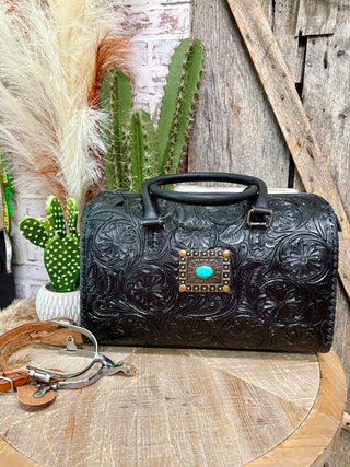 Black Genuine Leather Concho Speedy Duffle Barrell Bag-Large