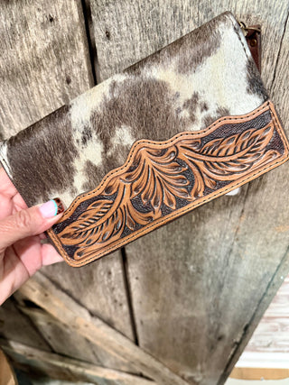 Cowhide & Tooled Leather Wallet – Western Clutch with Card Slots & Zipper