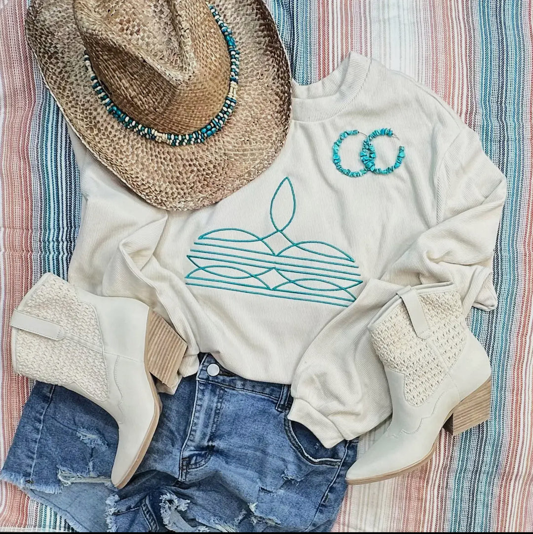 Cream With Turquoise Ribbed Boot Stitch Top