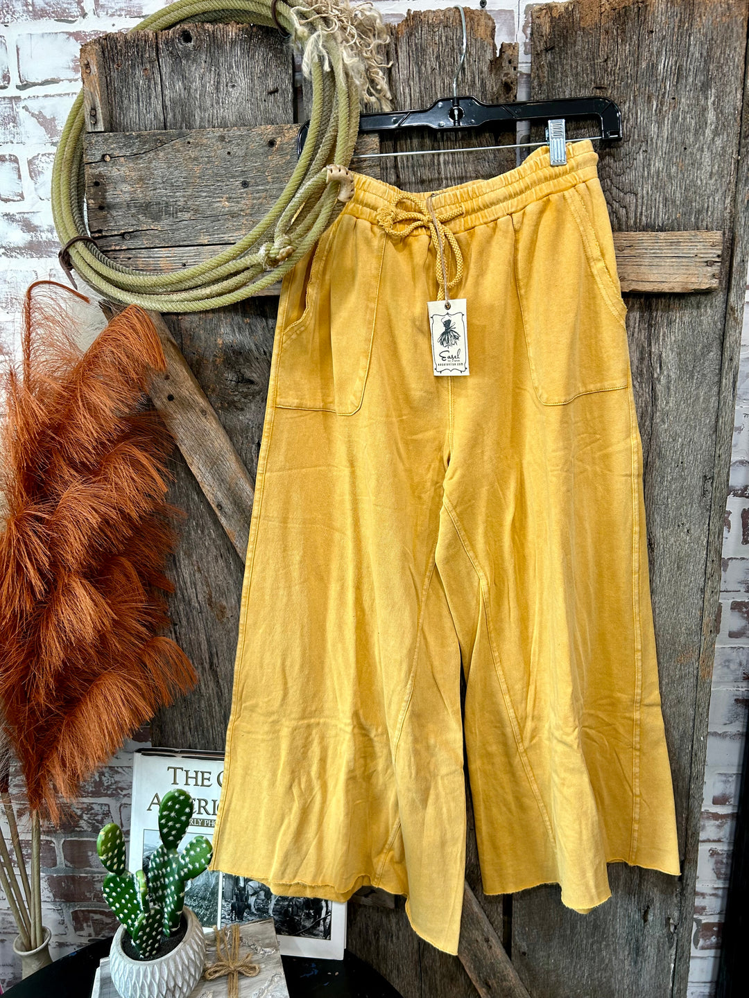 Mustard Washed Terry Knit Wide Leg Pants