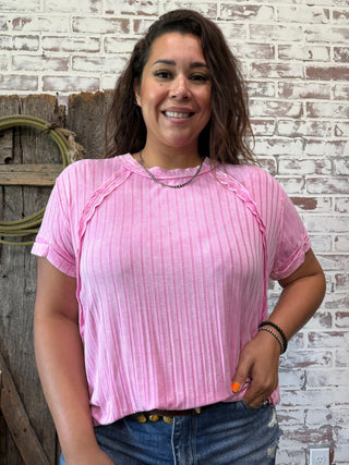 Bubble Gum Pink Ribbed Basic Top