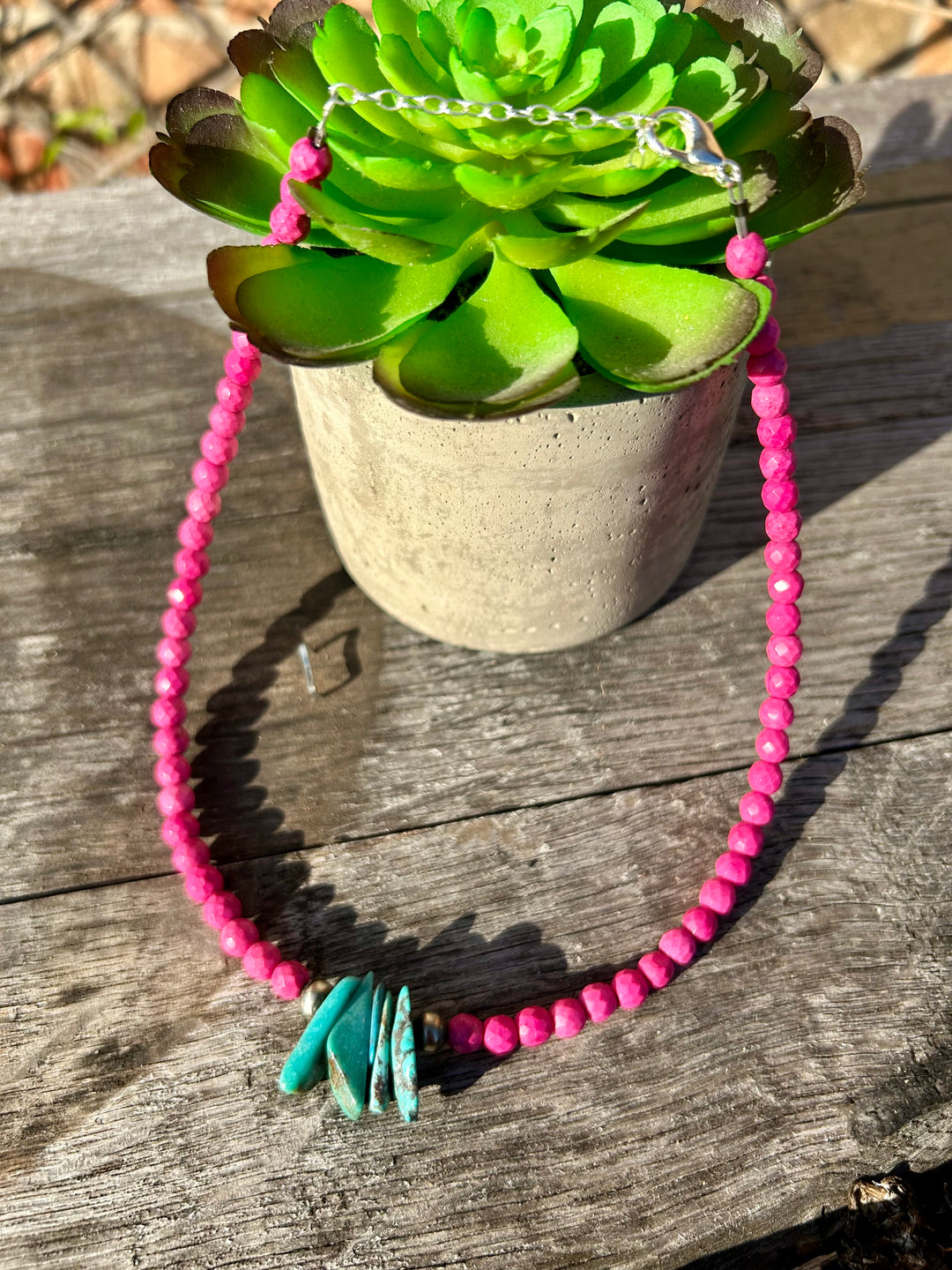 14" Hot Pink Magnesite And Kingman Turquoise Choker