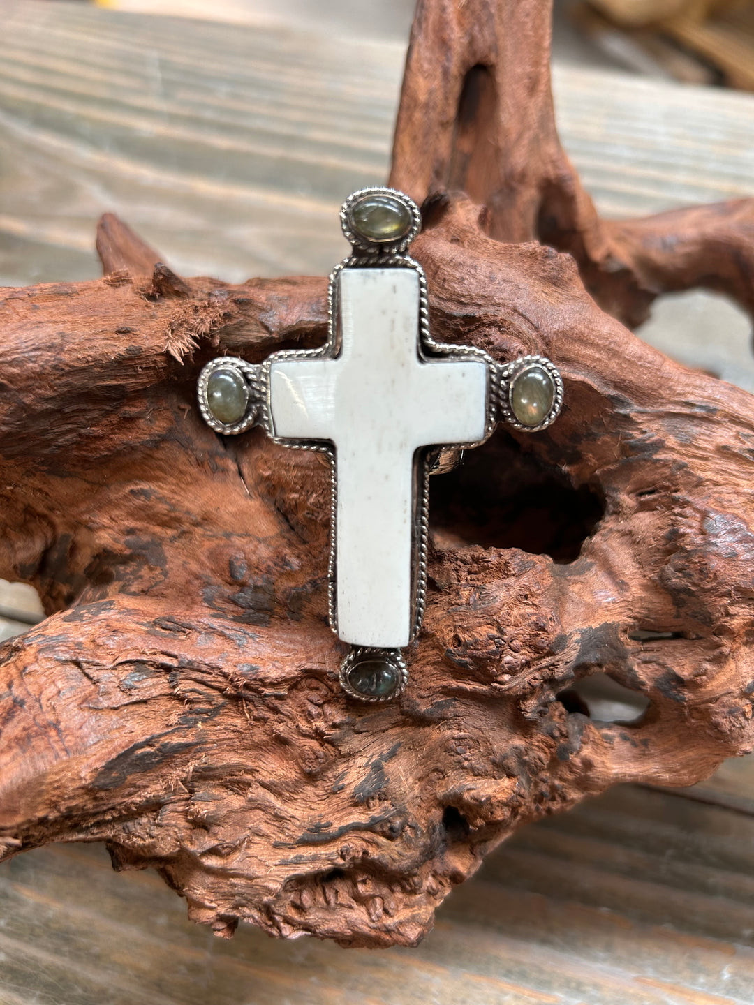 Carved Bone Adjustable Cross Ring