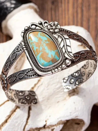 Tibetan Silver Turquoise Leaf Cuff Bracelet – Boho Western Statement Jewelry