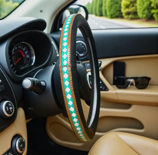 Turquoise & White Leather Custom Steering Wheel Cover