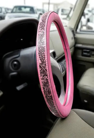Pink Tooled Leather Steering Wheel Cover