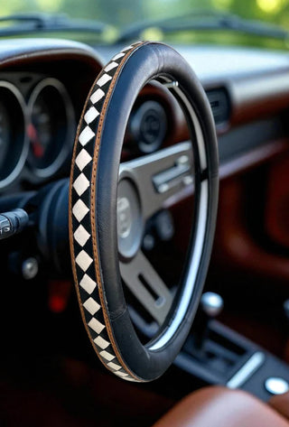 Black White Checkered Leather Steering Wheel Cover