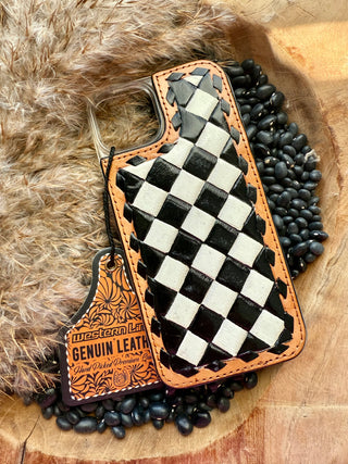Western Checkered Leather iPhone 15+ Plus Cover – Handcrafted Cowgirl Phone Case