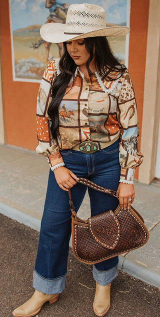 Spirit of the Cowboy Western Collage Print Blouse with Lace Peter Pan Collar