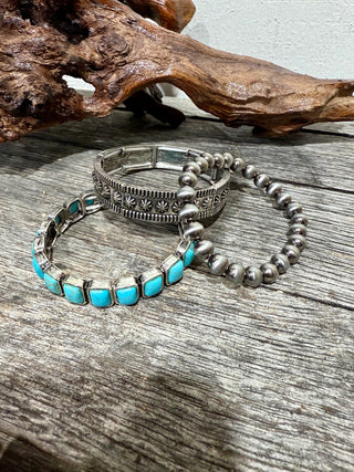 Square Turquoise & Navajo Style Silver Stretch Bracelet Stack – Western Cowgirl Set