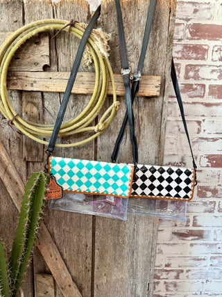 Clear Stadium Bag with Genuine Leather Checkered Flap – Turquoise & Black Western Crossbody