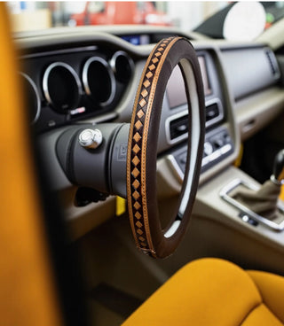 Brown Checkered Design Western Leather Steering Wheel Cover