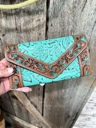 Turquoise Tooled Leather Wallet – Western Floral Clutch with Card Slots & Coin Pocket