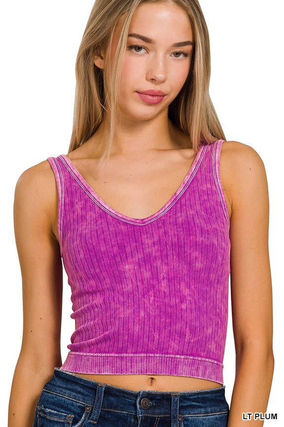 ZENANA 2-WAY NECKLINE WASHED RIBBED CROPPED TANK TOP-LT PLUM