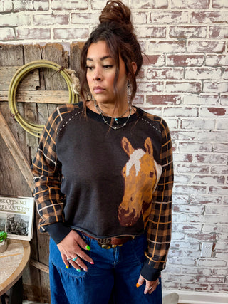 Side Pony Horse Sweater With Plaid Sleeves