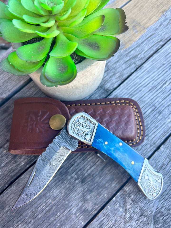 Pocket Knife Dyed Blue Bone 6.5'' Damascus Steel Knife Steel