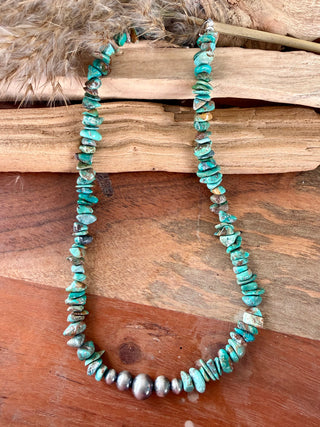 Genuine Kingman Turquoise Chip & Sterling Pearl Necklace – 18”