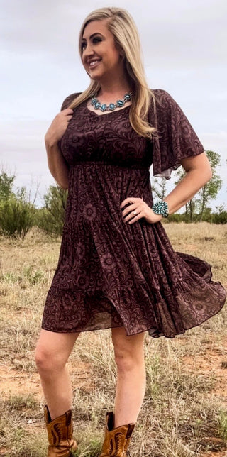 Bronzed Bloom Dress for Women | Western Tooled Print Flutter Sleeve Dress