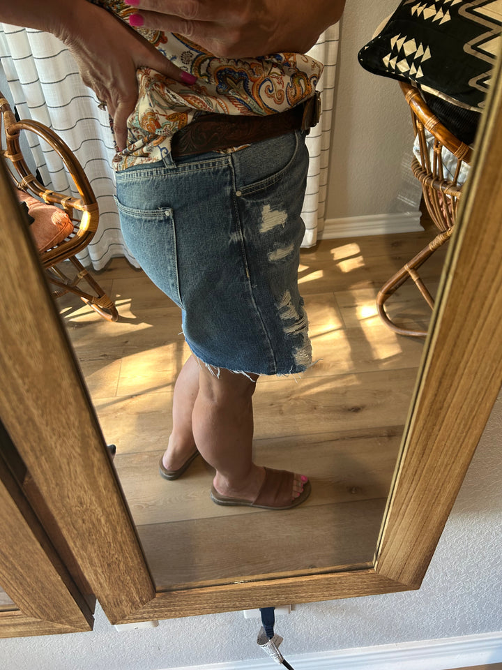 High Rise Relaxed Distressed Bermuda Shorts