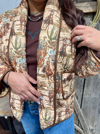 Cowboy Desert Print Quilted Jacket – Western Ranch Scene Puff