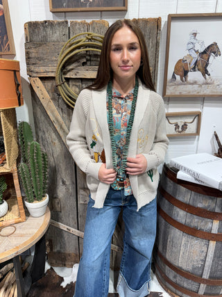 Bronc Rider Rodeo Embroidered Cardigan-Tan