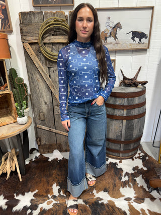 Navy Snaffle Bit Mesh Top | Western Long Sleeve