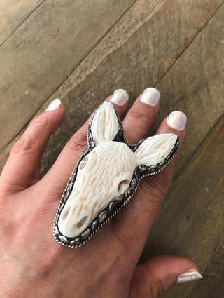 Carved Bone Donkey Adjustable Ring | Western Statement Ring- German Silver
