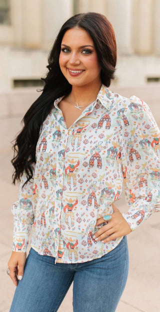 Rodeo Romance Roping Cowboy Western Print Button Down Top