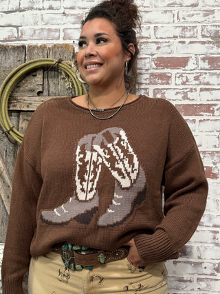 Brown Cowboy Boots Graphic Sweater – Western Cowgirl Pullover