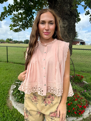 Peach Eyelet Oversized Summer Top | Boho Lace Trim Sleeveless Blouse
