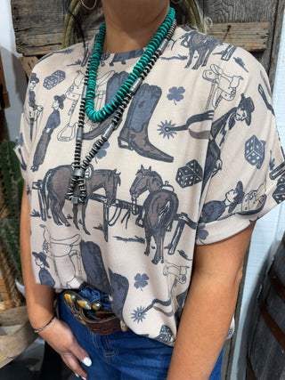 Vintage Western Ranch Print Tee for Women – Cowboy & Horse Graphic Cowgirl Top