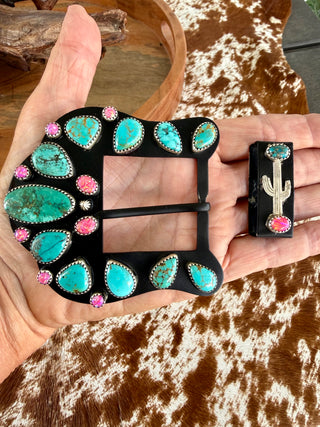 Kingman Turquoise & Pink Opal Statement Belt Buckle With Cactus Detail